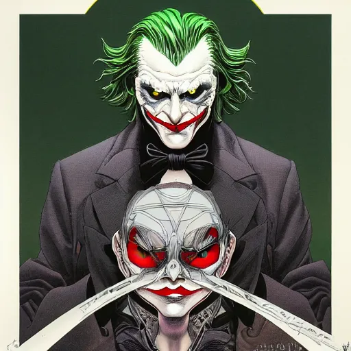 Prompt: portrait of joker, symmetrical, by yoichi hatakenaka, masamune shirow, josan gonzales and dan mumford, ayami kojima, takato yamamoto, barclay shaw, karol bak, yukito kishiro