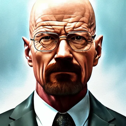 Image similar to walter white in a suit, painting, artgerm, trending on artstation, 4 k highly detailed art, octane render, 3 d, unreal engine, greg rutkowski