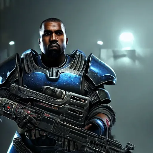 Prompt: Kanye West as 'the emperor of humanity from warhammer 40k' in 'Gears of War', splash art, movie still, cinematic lighting, detailed face, dramatic, octane render, long lens, shallow depth of field, bokeh, anamorphic lens flare, 8k, hyper detailed, 35mm film grain