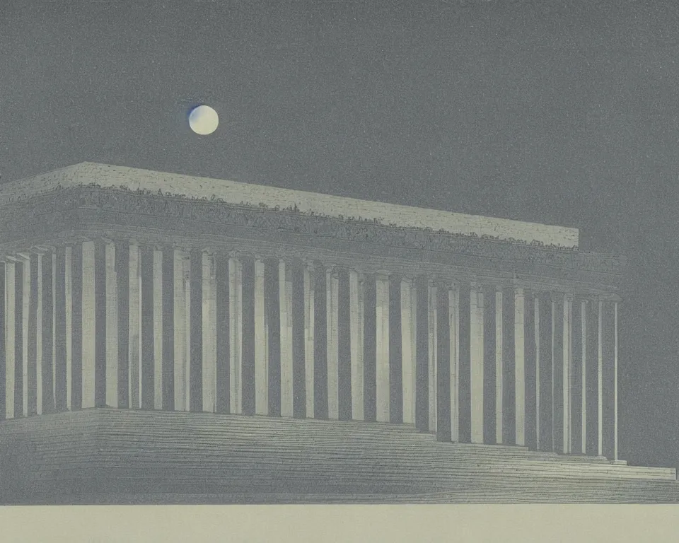 Prompt: beautiful print of the Lincoln Memorial bathed in moonlight by Hasui Kawase and Lyonel Feininger.