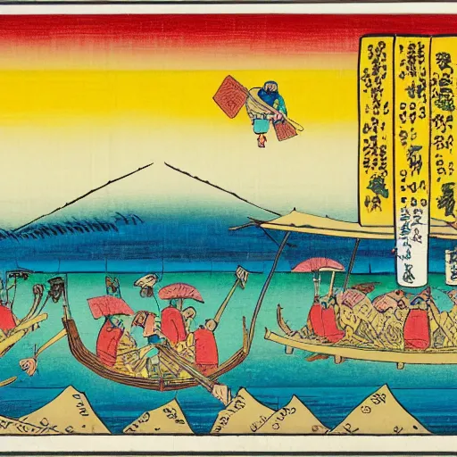 Image similar to minions eating large pieces of matzah, colorful background, in the style of Utagawa Hiroshige