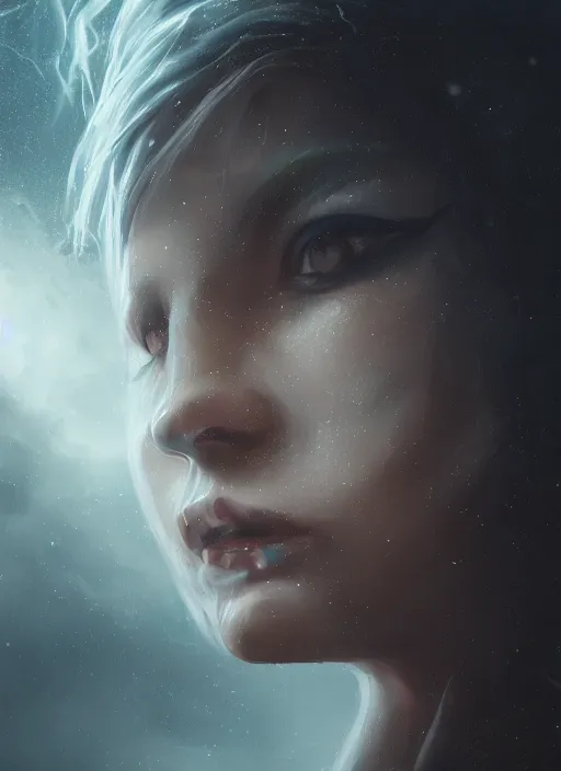 Prompt: a close up portrait of a creepy sea witch with dark turbulent skies and lightning, photorealistic, by jessica rossier, 4 k resolution