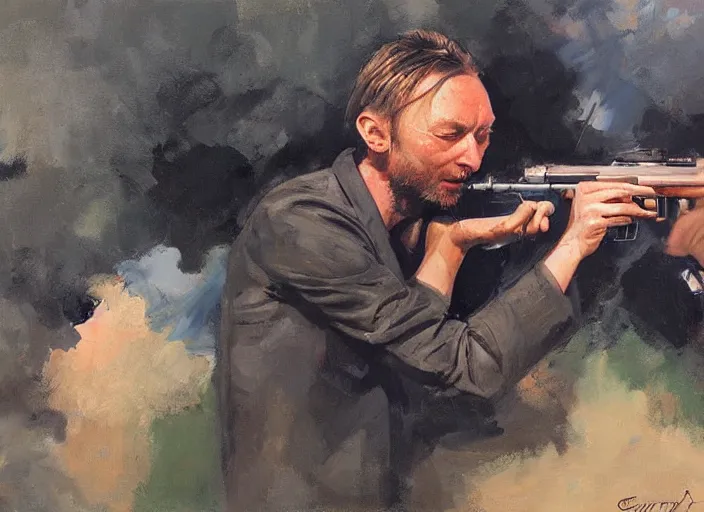 Prompt: a highly detailed beautiful portrait of thom yorke shooting an ak 4 7, by gregory manchess, james gurney, james jean