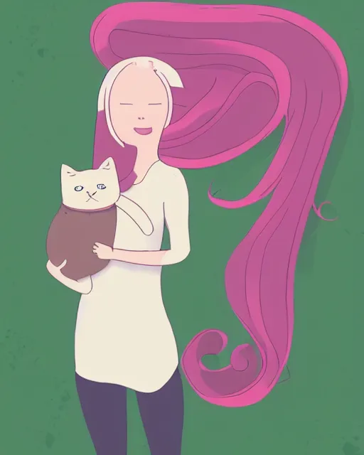 Image similar to a portrait of a young woman with very long pink hair undulating on the wind, light brown eyes, slightly chubby, pale skin, pretty, cute, holding a white cat. adventure time style