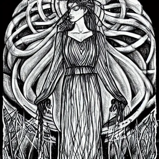 Prompt: 'Haze Goddess the Great Foresight standing over Black Roses laying on the grass as seen by the dream dweller'. quite amazing. super epic. More real than reality. vivid clarity as a lucid dream. simple but elegant drawing. amazing detail and shadowing.