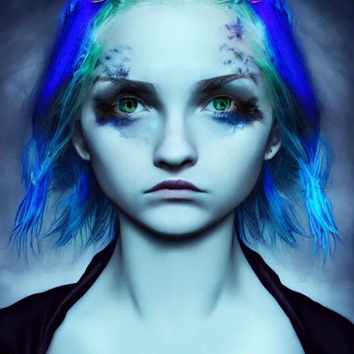 Image similar to portrait of young girl half dragon half human, dragon girl, dragon skin, dragon eyes, dragon crown, blue hair, long hair, highly detailed, cinematic lighthing, By David Lynch