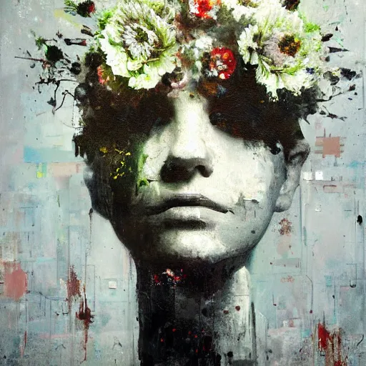 Image similar to a painting by jeremy mann of a white robot head with flowers growing out, highly detailed, color bleeding, pixel sorting, plain black background, studio lighting, high contrast, bold composition, abstract paint color splotches