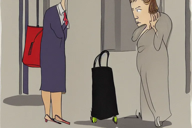 Image similar to tall, security guard checks the bags of a worried looking woman, art, satire