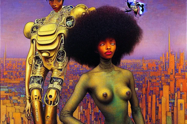 Prompt: realistic extremely detailed portrait painting of a beautiful black woman with a robot, city street on background by Jean Delville, Amano, Yves Tanguy, Ilya Repin, William Holman Hunt, Alphonse Mucha, Ernst Haeckel, Edward Robert Hughes, Roger Dean, rich moody colours