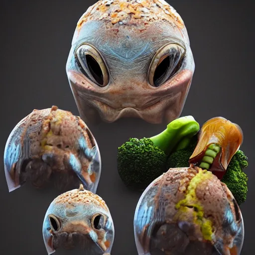 Prompt: a strange alien meal, photorealistic, 8 k, professional food photography, trending on artstation