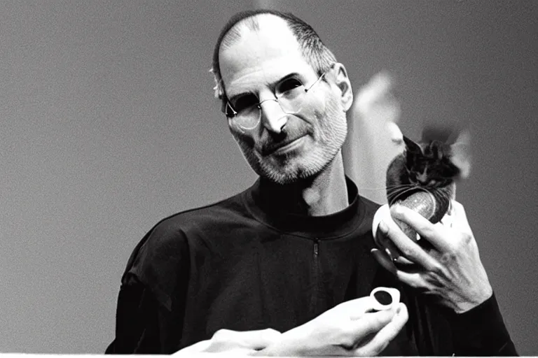 Prompt: steve jobs eating apple while there is a cat behind him