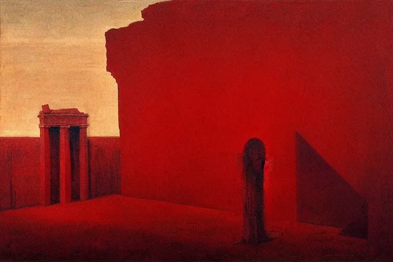 Image similar to only with red, caesar after war, the great deal, a red tiger, in hoc signo vinces, rome in background, an ancient path, in the style of beksinski, part by hopper, part by rodcenko, part by hofbauer, intricate composition, red by caravaggio, insanely quality, highly detailed, masterpiece, red light, artstation