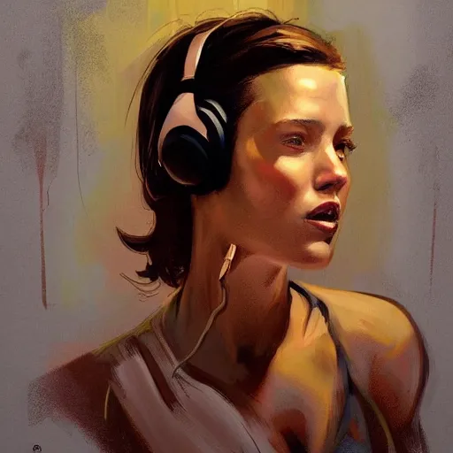 Prompt: portrait a dramatic beautiful sketch concept painting of scarlett johnasson wearing headphones in the style of gregory james manchess, sexy singing expression, digital painting, concept art, fine art, cinematic lighting, brown color scheme, vivid colors, art by gregory james manchess