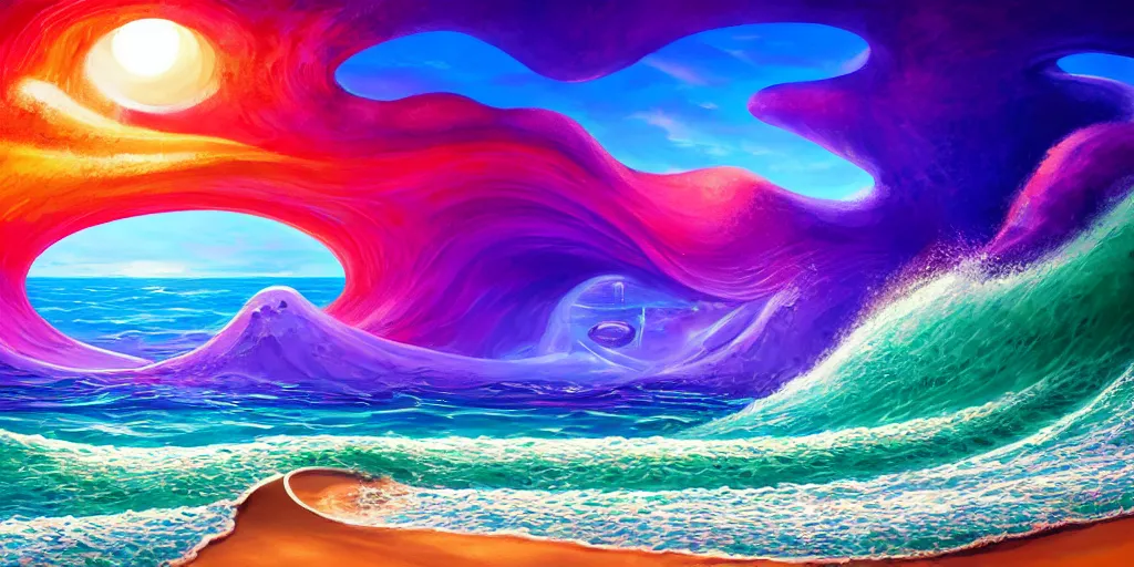 Image similar to A beach shaped like a singing mouth, the waves are made is musical notes, one wave is shaped like the mouths tongue, Very colorful painting 8k trending on art station, Intricate details, very realistic, cinematic lighting, volumetric lighting,