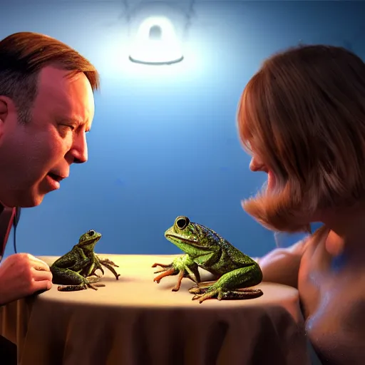 Image similar to Alex Jones and a big toad having a romantic meal, hyper realistic, dynamic pose, high detail, octane render, unreal engine, 8k, fantasy art, highly detailed, dramatic lighting, concept art