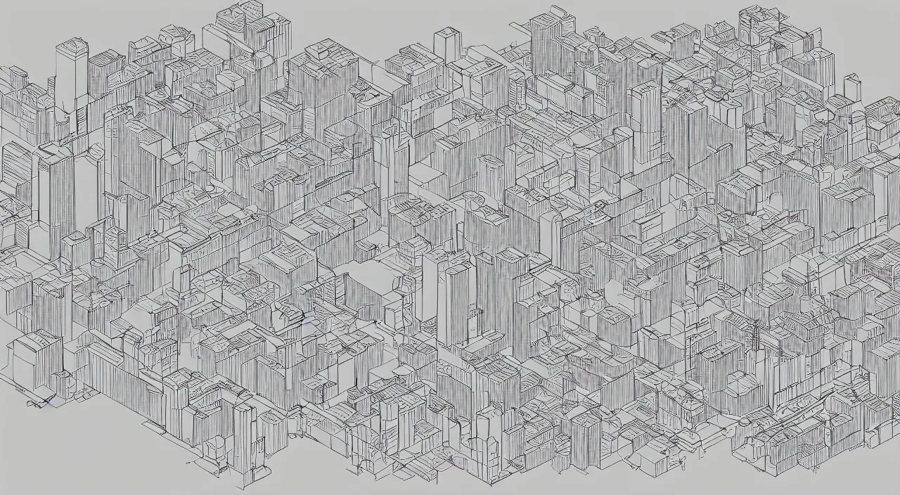 Prompt: exploded axon schematic drawinf of a typical city block, in vector drawing style of peter eisenman