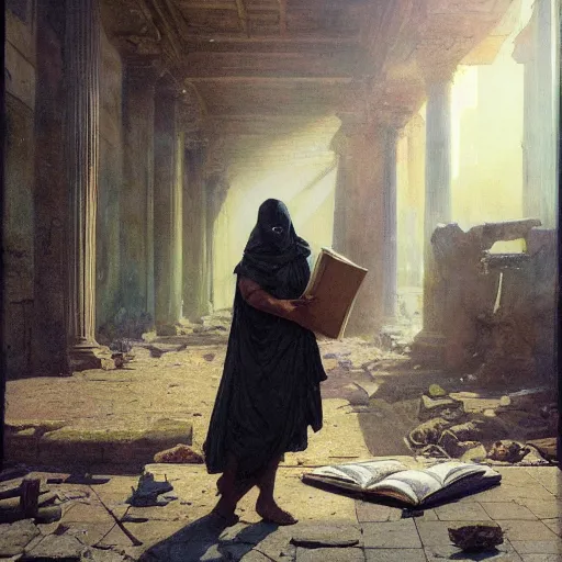 Image similar to half portait of magican wearing a closed cowl and big old book! chained to the wrist, jeremy mann, jean - leon gerome, tiepolo, alphonse mucha, greg rutkowski, face in the shadows, ( ( ruins of ancient rome ) ), at dusk, mysterious atmosphere, sunrays, dof, high detailed, 8 k