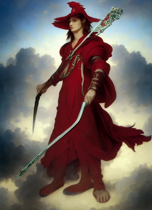 Prompt: Full View of a boisterous Red Mage wearing striped shining armor and a feathered hat holding a staff of power surrounded by an epic cloudscape. Magus. Red Wizard. Morpheus. masterpiece. 4k digital illustration. by Ruan Jia and Artgerm and Andreas Rocha and William-Adolphe Bouguereau and Edmund Blair Leighton. award winning, Artstation, intricate details, realistic, Hyperdetailed, 8k resolution. Concept Painting. Key Art