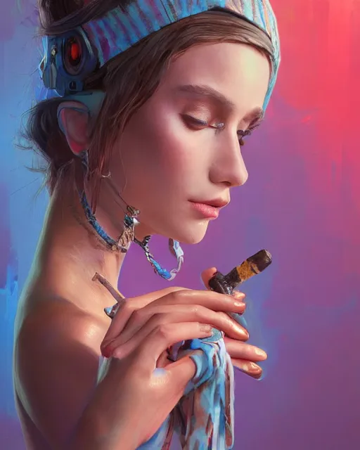 Prompt: portrait of a brunette in tie - dye, smoking a vintage tobacco pipe | highly detailed | very intricate | symmetrical | professional model | cinematic lighting | award - winning | painted by mandy jurgens and jesper elsing and rhads and tyler edlin | pan futurism, dystopian, bold colors, cyberpunk, anime aesthestic | featured on artstation