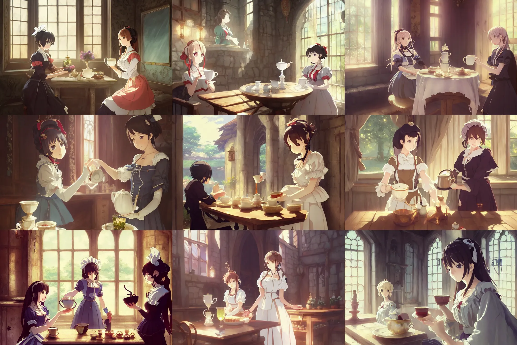 Image similar to cute - fine - face, pretty face, key visual, anime key visual concept art of anime maid pouring tea gracefully, medieval european style noble manor interior, trending on artstation, brush strokes, oil on canvas, style of kawacy and makoto shinkai and greg rutkowski and studio ghibli