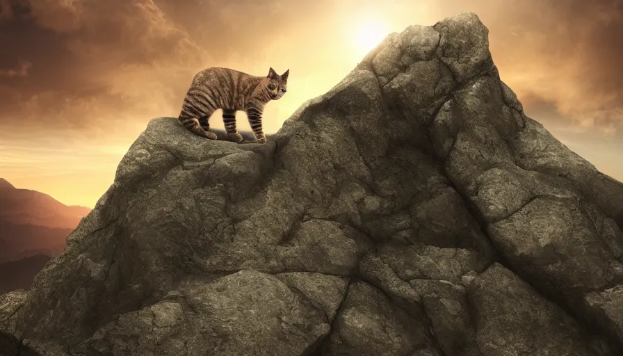 Image similar to a cat standing on the peak of a mountain range, looking far, digital art, epic lighting, epic composition, 4 k