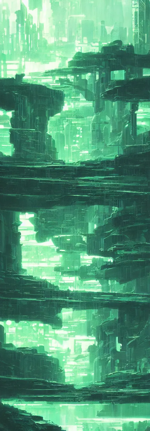 Image similar to reflective waves, cyberpunk texture, green coloring, by studio ghibli and greg rutkowski