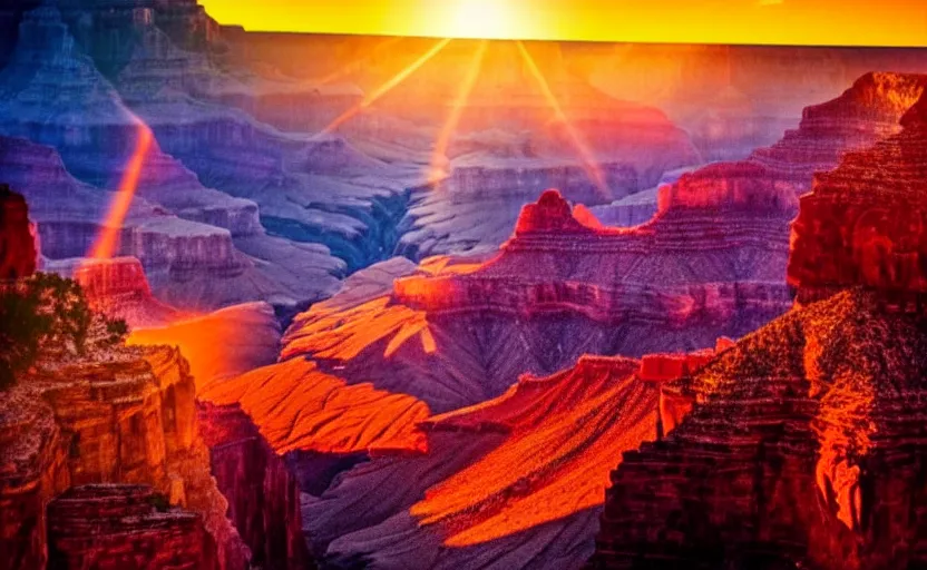 Prompt: an epic painting of the grand canyon at a colorful sunset, in the style of avatar, epic scene, extremely detailed masterpiece, extremely moody lighting, glowing light and shadow, atmospheric, shadowy, cinematic, god lighting