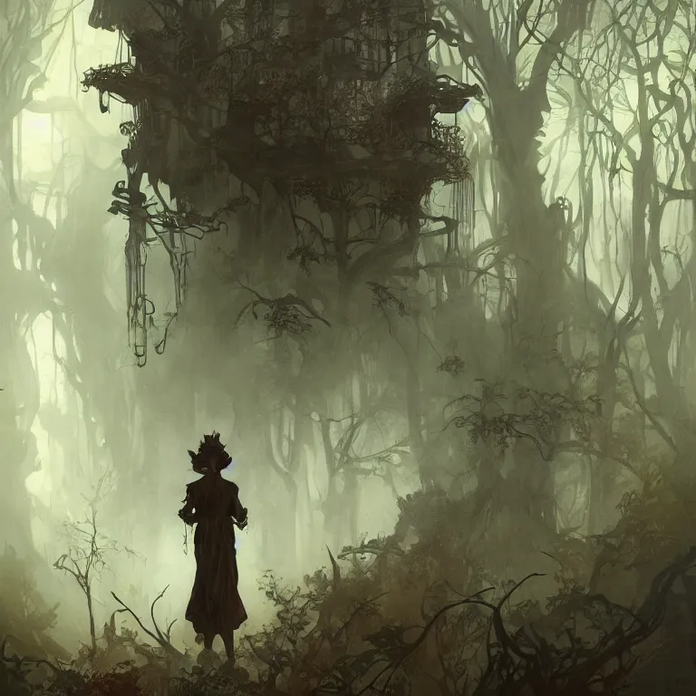 Image similar to a lone figure standing in front of a haunted victorian house in a dense dark forest, concept art, by Peter Mohrbacher and Alphonse Mucha, detailed, style, 8k, trending on artstation, unreal engine 4k, detailed, clean background trending, full shot, symmetrical portrait, sophisticated, Unreal engine, dystopia, anti-utopia, post processing, psychadelic