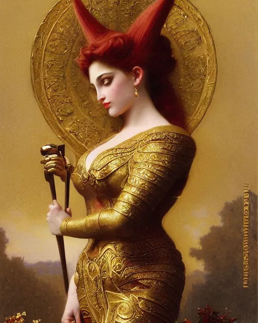 Prompt: Jessica Rabbit, dressed in ornate, detailed, intricate gold armor, detailed oil painting by William Adolphe Bouguereau