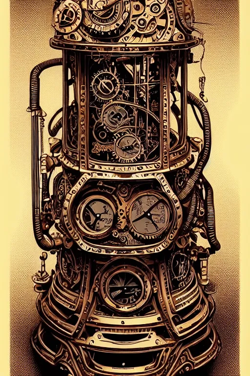 Image similar to ornate steampunk time machine, high details, intricately detailed, by vincent di fate, inking, lineart, 3 color screen print, masterpiece, trending on artstation,, sharp, details, hyper - detailed, hd, 4 k, 8 k