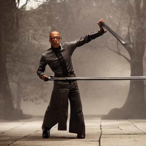 Prompt: Gus Fring holding a daedric katana in a battle stance dramatic photograph