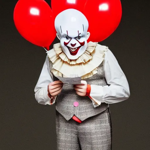 Prompt: Pennywise the clown wearing a suit and holding a banknote in his hands, full body shot, highly-detailed