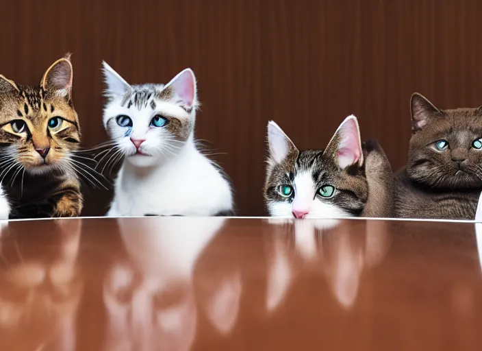 Image similar to photo of cats attending a management board meeting. Highly detailed 8k. Intricate. Sony a7r iv 55mm. Stock photo.