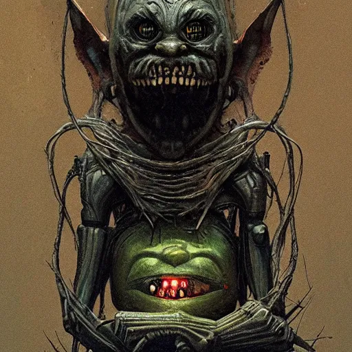 Prompt: minimalist cyborg goblin with maniacal expression and bulging eyes inside byzantine hong kong hoarder labaratory, portrait by by greg rutkowski and h. r. giger and stalenhag and deak ferrand, studio ghibli composition