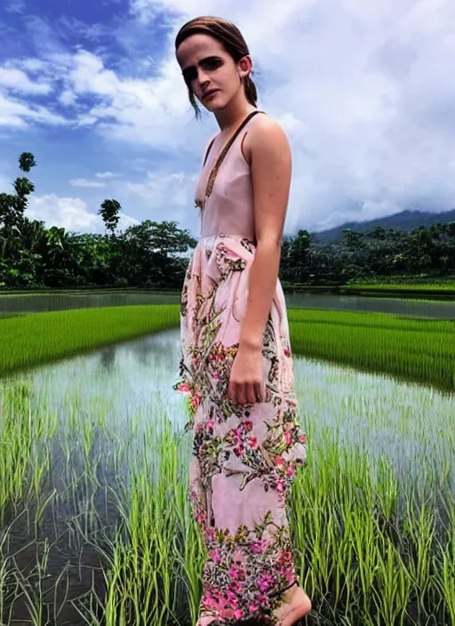 Prompt: emma watson wearing kebaya bali in bali. temple lake, rice field ocean. front view. instagram closeup holiday photo shoot, perfect faces, beautiful