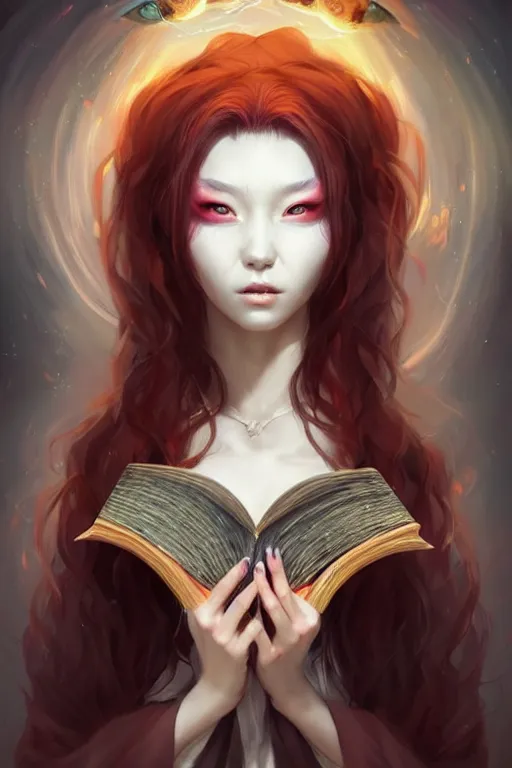 Image similar to gorgeous!!! hyper - realstic sorceress with a kitsune mask, holding a tattered magical book, casting a spell | drawn by wlop, drawn by jeehyung lee, drawn by artgerm | intricate, highly detailed, digital painting, character design, concept art, illustration, artstation