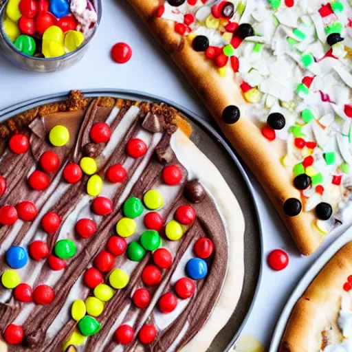 Image similar to pizza with nutella, skittles, gummi bears, and candy toppings, whipped cream