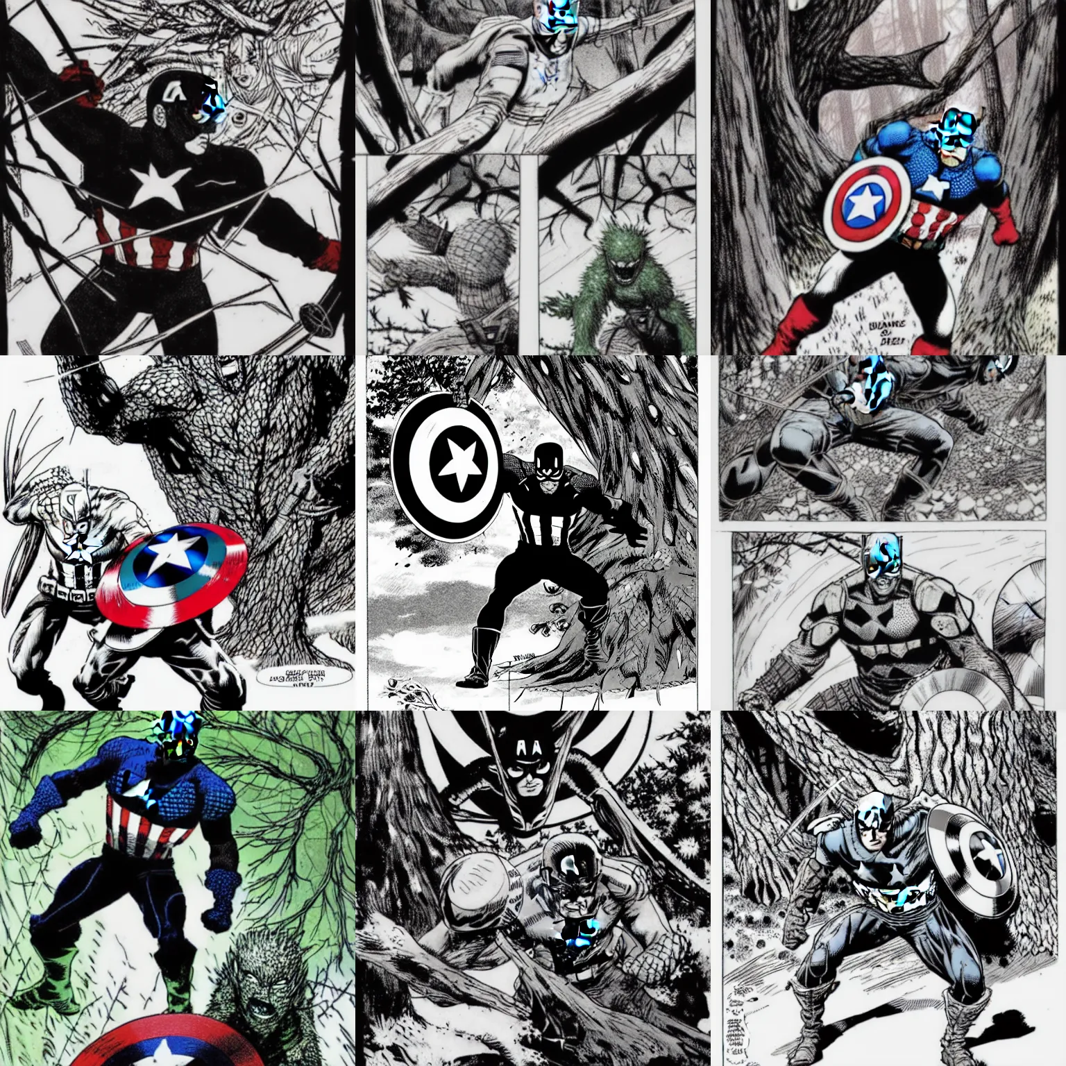 Prompt: captain america with color star in shield defends himself with a shield against the sword of a giant tree monster in the forest, by tsutomu nihei, no color, black and white