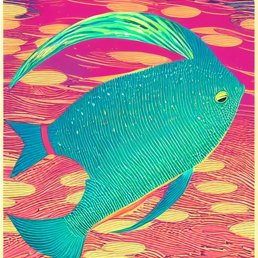 Prompt: one stylized fish with saturated colors viewed in profile in the dark ocean filled with complex sparkles and patterns, artstation, intricate, realistic, highly detailed, digital painting, concept art, sharp focus, 1 9 6 0 s, illustration by tom whalen and charles williams and kilian eng and james jean