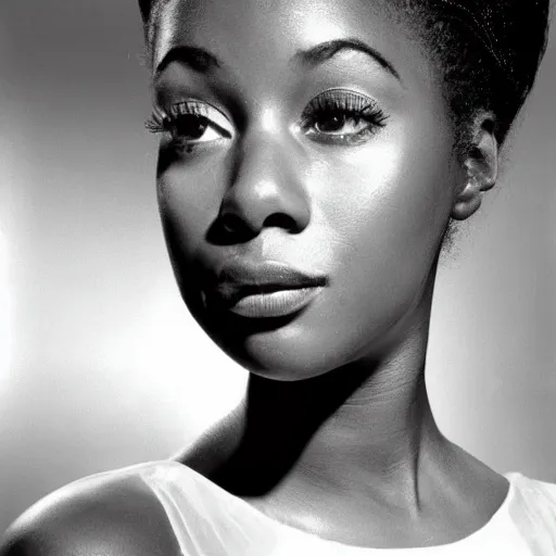 Image similar to black and white photo of a beautiful and elegant 1 9 6 5 young black actress