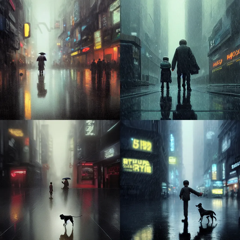 Prompt: a matte painting of a young boy and his pet dog helping an old woman to cross a busy bladerunner street, moody settings, rainy evening, water reflection on the floor, Ray tracing, detailed render . digital painting by Greg Rutkowski and James Gurney, trending on Artstation, highly detailed