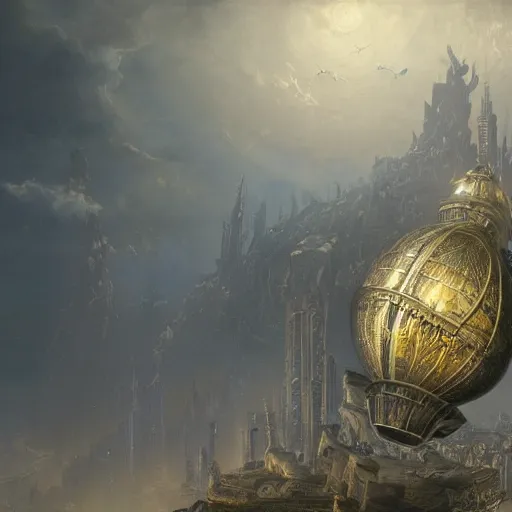 Image similar to enormous flying city in a faberge egg, sky, steampunk, fantasy art, masterpiece, hugh ferriss, unreal engine, peder balke, andreas achenbach cloudy background