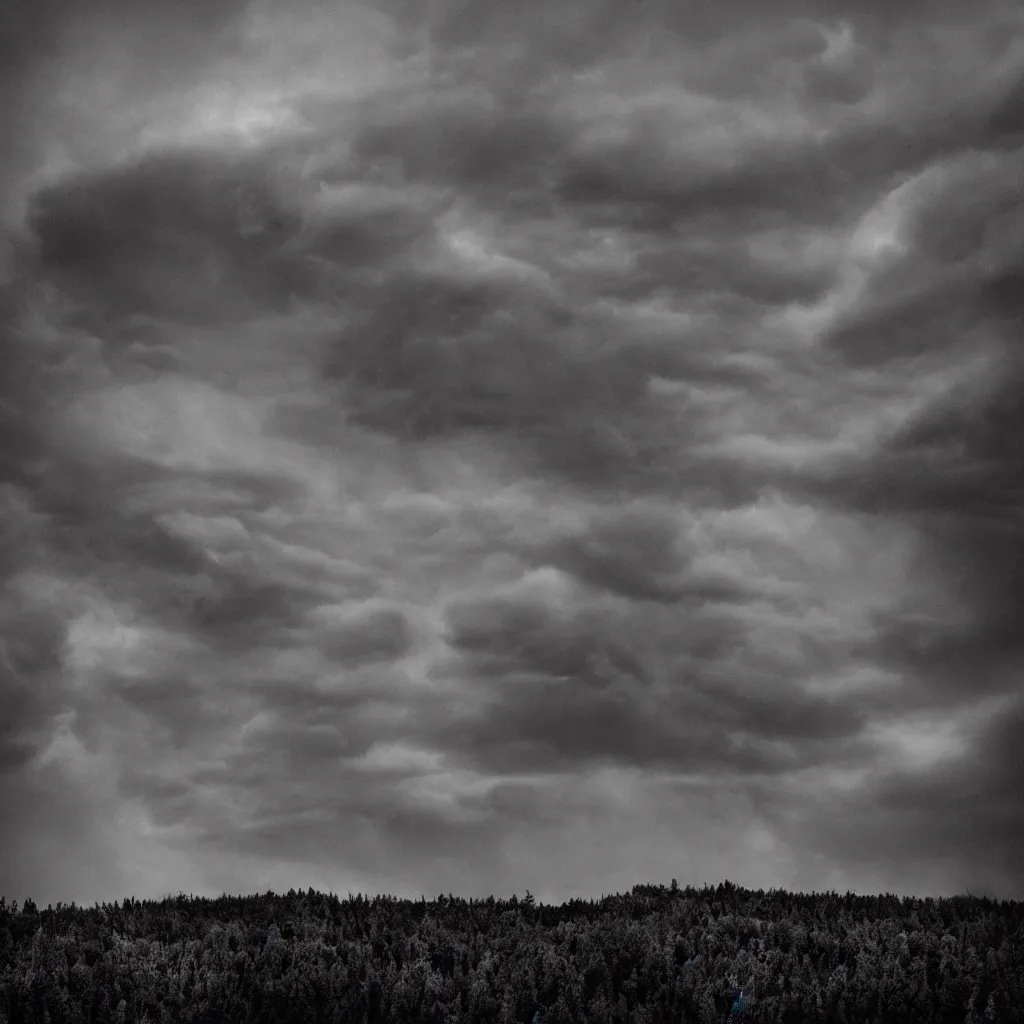 Prompt: morgoth in a huge dark electric storm cloud above dark spruce forest, black metal aesthetics, black and white photo