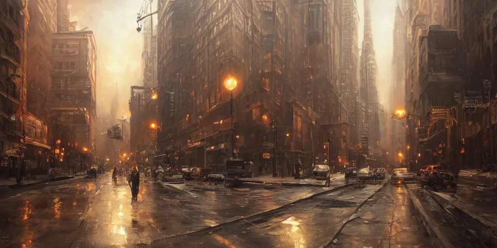 Image similar to steampunk NYC, cinematic lighting, detailed oil painting, hyperrealistic, 8k