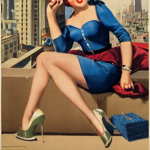 Prompt: man, city, street, kitten heel, buildings, by gil elvgren, olivia