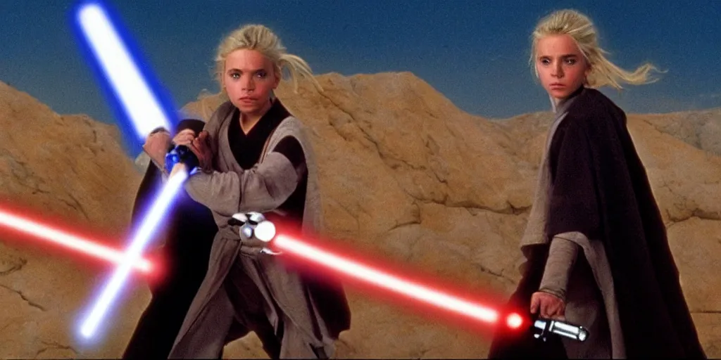 Prompt: A full color still of a teenage blonde Jedi padawan holding a lightsaber hilt, looking scared, sci-fi city in the background, windy, from The Phantom Menace, directed by Steven Spielberg, 35mm!!! 1990