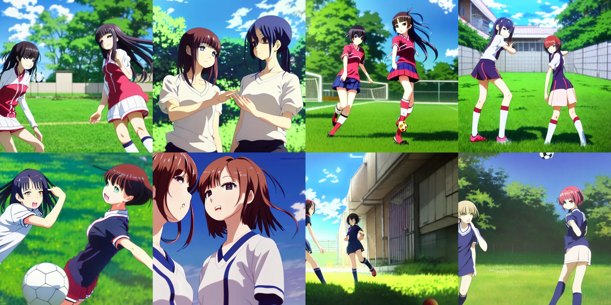 Prompt: anime still film anime shikishi, two female high school character playing soccer on a yard, cute face by ilya kuvshinov yoshinari yoh makoto shinkai katsura masakazu kyoani, dynamic perspective pose super detailed facial features eyebrowless symmetry, gapmoe yandere grimdark, crisp and sharp cel shade ambient light n