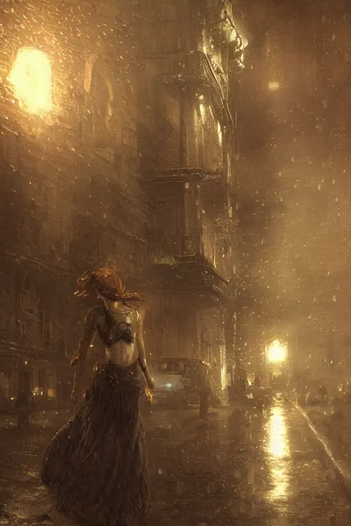 Image similar to Triss Merigold at night during rain, moody scene, highly detailed, intricate, sharp details, dystopian mood, 1950 scene by gaston bussiere, craig mullins, somber lighting, drawn by Giacomo Burattini, inspired by graphic novel cover art