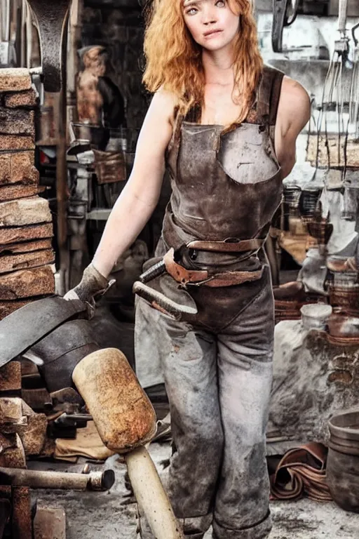 Image similar to female blacksmith, extremely burly. strawberry - blonde hair, many freckles. face resembles natalia vodianova, but body is very burly, broadshouldered, thicklimbed, like a blacksmith. she is fully clothed in her work clothes. she is very strong.