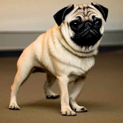 Image similar to a pug whose legs have been replaced with human legs, photo